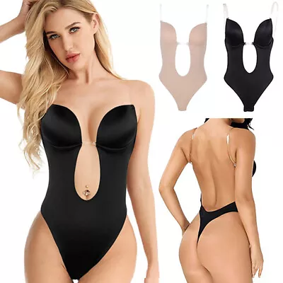 Women Full Body Shaper Backless Invisible Underwear U Plunge Bra Deep V Bodysuit • $16.14