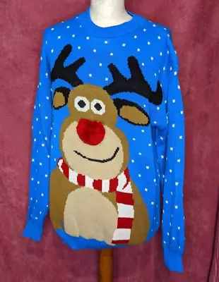 Royal Blue Christmas Jumper Patterned With Red Nosed Reindeer Size L BNWT • £9.95