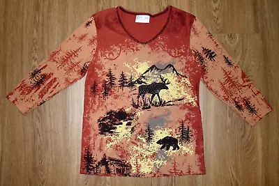 CACTUS BAY V-Neck Graphic Top SMALL 3/4 Sleeve Rhinestones Mountain Moose Bear • $15