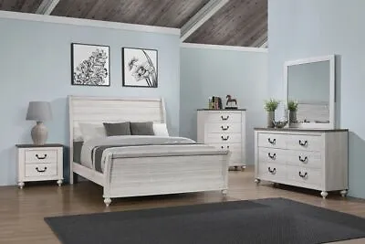 4 Pc Rustic Plank Linen Sleigh Platform King Bed Dresser Bedroom Furniture Set • $1499