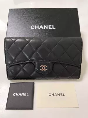 Auth CHANEL Matelasse Long Wallet Lambskin Black Trifold Coco Mark CC Logo W/Box • $429.44