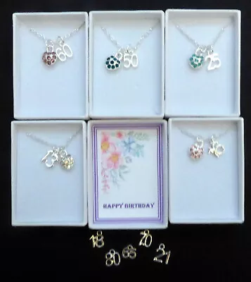 £5.99 • Buy Birthday Necklace Small Coloured Crystal Heart Number In Gift Box & Organza Bag 