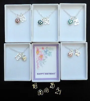 Birthday Necklace Small Coloured Crystal Heart Number In Gift Box & Organza Bag  • £6.49
