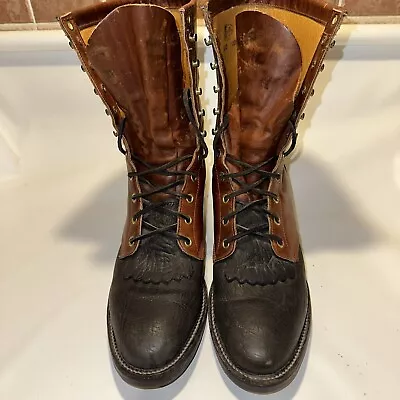 Vtg JUSTIN USA 602 TWO TONE LEATHER Kiltie Roper Logger Boots Mens Size 10.5 D • $169.50