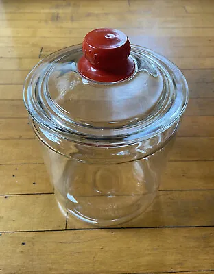 Vintage Tom’s Peanut Advertising Jar Clear Glass Red Knob Appr. 10Hx7Dia Read • $55