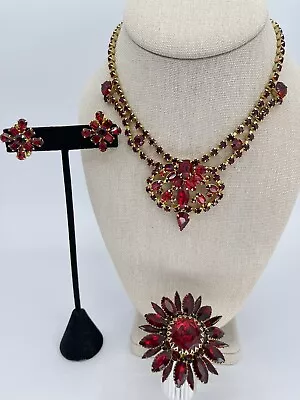 Vintage Attributed Juliana D&E Red Rhinestone Necklace Brooch Earring Set • $295