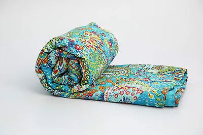 Indian Kantha Twin Quilt Turquoise Paisley Reversible Bedspread Blanket Throw • £40.79