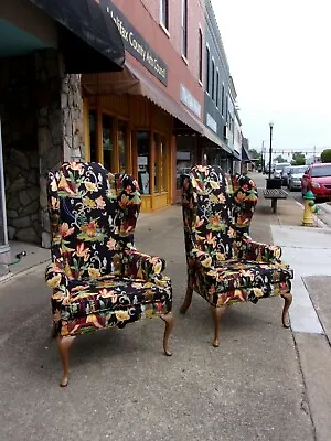 Fantastic Queen Anne Winged Back Chairs With New Chinoiserie Fabric 20thc. • $2160