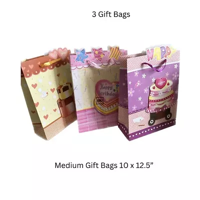 3 Med 10x12.5” Printed Happy Birthday Gift Bags W Handle Cake Theme Pastel Color • £3.21