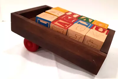 Building Blocks Wood Toys Wagon Trailer W/ Red Wheels & Wooden Alphabet Blocks • $12.90