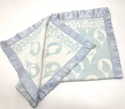 Baby Blanket Vintage Satin Trim Reversible Blue 43 X 33 Bunny Tulip Esmond (?) • $32