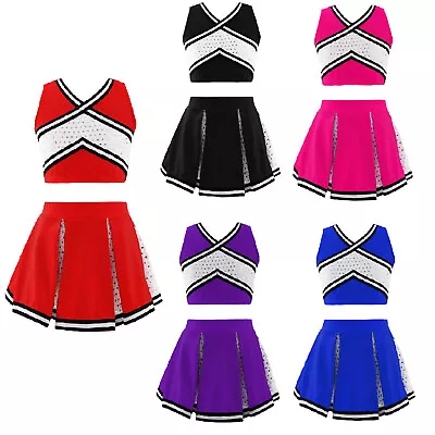 UK Kids Girls Cheerleading Uniform Outfits Crop Top + Skirt Cheer Leader Costume • £6.36