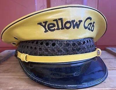 WOW 🔥 Early Vintage 1930s Yellow Cab Leather Embroidered Wicker Taxi Driver Hat • $395