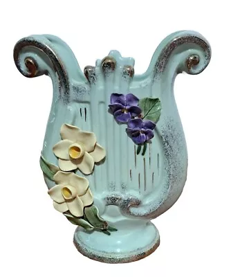 1951 Wildwood Pottery Light Green Harp Vase With Purple Yellow Pansies 7 IN High • $15.95