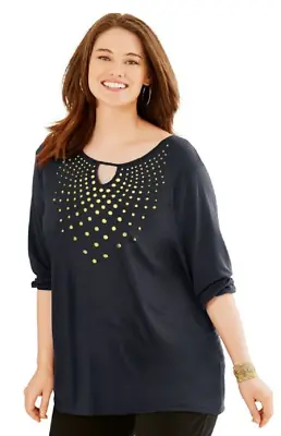  New Just My Size 1X Graphic 3/4 Sleeve Key Hole Neckline Fluid Drape Tunic Top  • $5