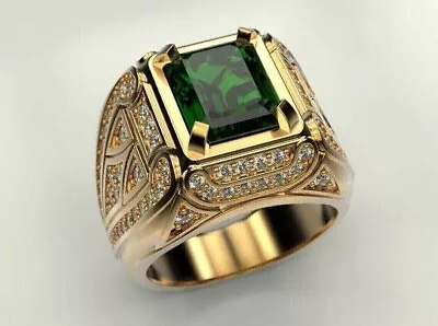 Emerald Cut Lab-Created Green Emerald Diamond Men's Ring 14K Yellow Gold Plated • $160.99