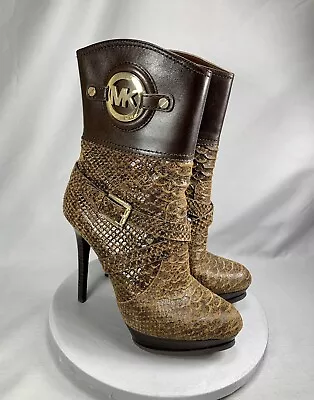 Michael Kors Women’s Stiletto High Heel Zip Up Boots Brown Snake Skin 7M EUC • $59.99