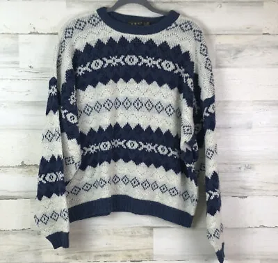Vtg Magnetic Force Retro Acrylic Sweater Blue White Black Made In USA - Size XL • $7.50