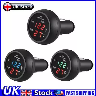 3 In 1 12/24V Car Auto LED Digital Voltmeter Gauge+Thermometer+USB Charger UK • £6.89