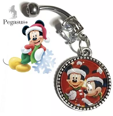 Red Christmas Mickey & Minnie Mouse Cabochon Glass Dangle Belly Navel Bar • £7.99