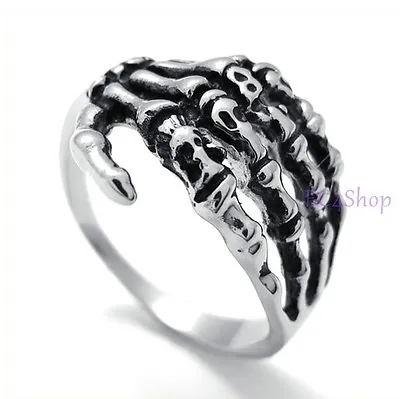 Men's Punk Gothic Rocker Biker Silver Stainless Steel Hand Skeleton Skull Ring • $7.99