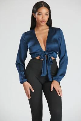 £4.50 • Buy SOUTH BEACH Ladies Navy Blue Satin Plunge Tie Front Long Sleeve Top UK12 BNWT