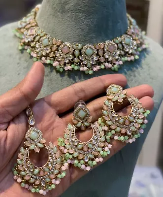 Gold Plated Wedding Punjabi Arabic Jewelry Set Earrings Tikka Bunch Kundan Roya • $44.09
