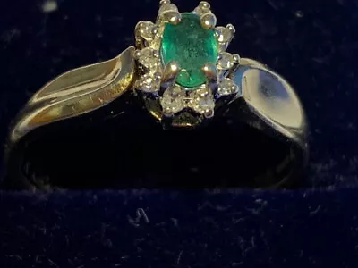 Attractive 9 Ct Yellow Gold Diamond And Emerald Halo Ring Size O • £43