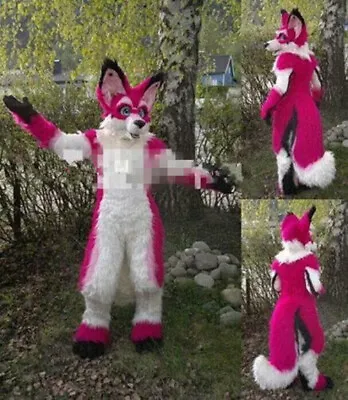 Halloween Pink Long Fursuit Red HuskDog Wolf Fox Mascot Costume Adult Dress • $766.36