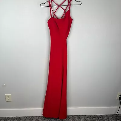 La Femme 27126 Prom Gown Maxi Dress Size 4 Red Asymmetrical High Slit Strappy • $135