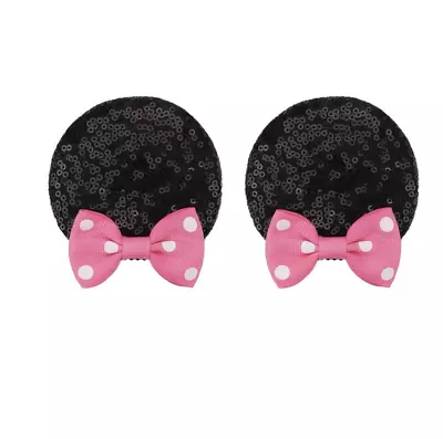 2 Minnie Mouse HAIR CLIPS - Black Fur MOUSE EARS - Pink White Bow Disney Parks • $15