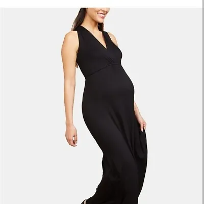 Motherhood Maternity Black Maxi Dress Tie Belt Waist Sleeveless V-Neck Sz Large • $18