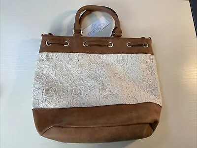 VINTAGE Minicci Handbag Purse Two Tone Canvas Faux Leather & Macrame HOBO Tote • $14.99