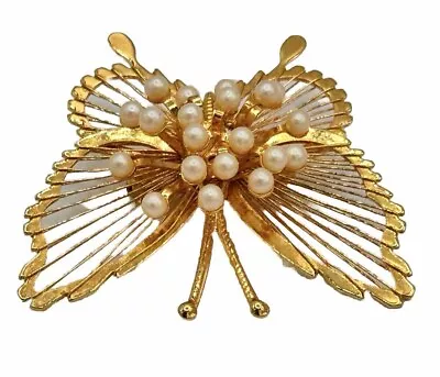 Vintage Monet Gold Tone Faux Pearl Butterfly Brooch Pin Wire Wrap Harp Signed • $4.46