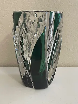 Vintage Val St. Lambert Cut Glass Crystal Emerald Green & Clear Vase 9  • $850