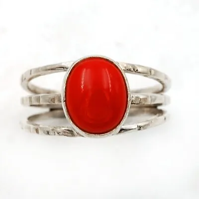 Two Tone Natural Red Coral 925 Solid Sterling Silver Ring Jewelry Sz 8 NW12-5 • $30.99