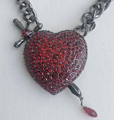 Betsey Johnson Goth Bleeding Red Heart & Dagger Necklace Gunmetal Chain Link NWT • $67.95