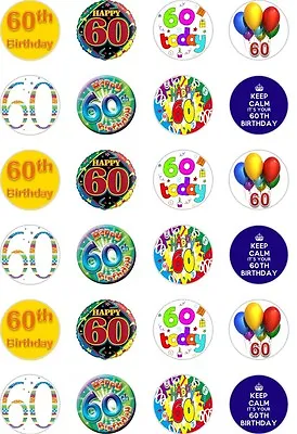 24 X PRECUT HAPPY 60TH/60 YEARS OLD BIRTHDAY RICE/WAFER PAPER CUP CAKE TOPPERS • £2.35