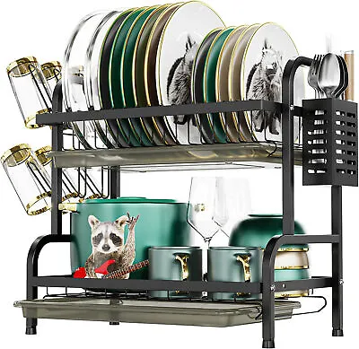 2 Tier Over The Sink Stainless Steel High Capacity Dish Drying Rack Set Kitchen • $28.90