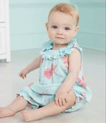 Mud Pie Baby Girls Blue Rose Pinafore Babydoll Top & Bloomer Shorts Set 0-3M • $26