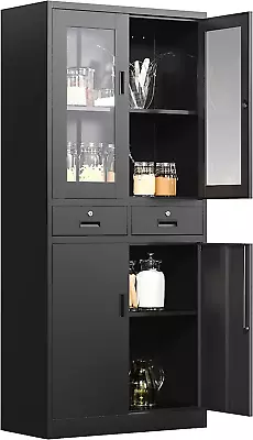 Glass Display Cabinet With Drawers Lockable Metal Storage Cabinets With 2 Adjus • $270.36