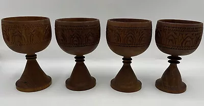 Vintage Hand Carved Wooden Wine Goblets 5.5” Tall Set Of 4 Tiki Barware Decor • $68.47