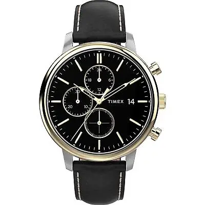 Timex Men's Watch Chicago Chronograph Black Dial Black Leather Strap TW2U39100VQ • $71.53