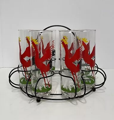 8 VTG Federal Glass Tom Collins Glasses & Caddy Carrier Rooster Tumblers 14 Oz • $93.99