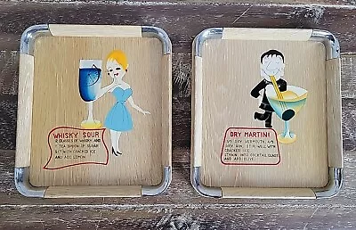 Vtg Nevco ? Wooden Dry Martini & Whiskey Sour Drink Trays MCM  Recipes Kitch  • $44.99