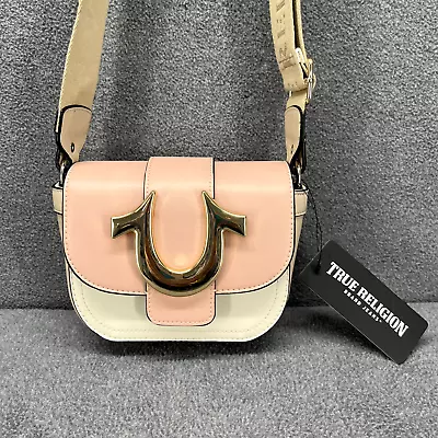 TRUE RELIGION Crossbody Mini Bag Flap Logo Pink Tan Horseshoe Adjustable Strap • $64.59