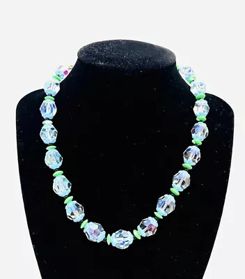 VENDOME Faceted AB Crystal & Green Glass Beaded Necklace Signed Vintage Jewelry • $125