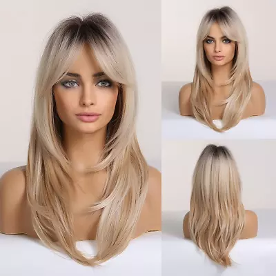 HAIRCUBE Long Blonde Layered Synthetic Hair Wigs For Women With Dark Roots • £32.13