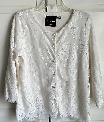 Michael Simon Cardigan Sweater Womens Petite Large Cream Lace Pearl Buttons  • $34.97