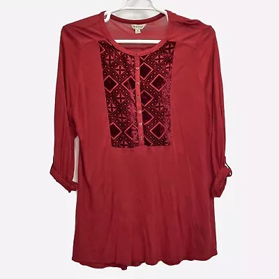 LUCKY BRAND Burgundy JERSEY KNIT Velvet Detail ROLL-TAB SLEEVES Henley Top Sz 2X • $14.99